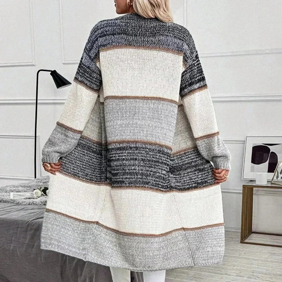 Multicolor Casual Women's Patchwork Loose Dual Pocket Long Cardigan - Picture 2 of 6